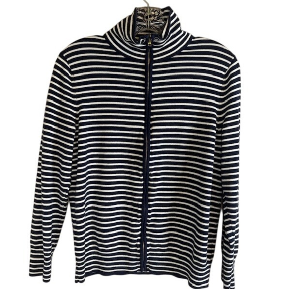 Talbots Women's Navy White Stripe Full Zip Cardigan Sweater Stretch LG Petite LP
